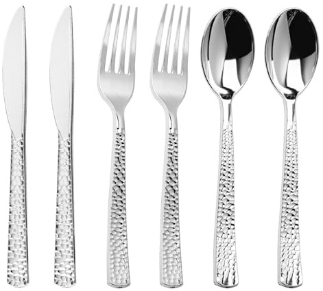 Pryntono 360PCS Silver Plastic Silverware, Heavy Duty Plastic Cutlery Set, Disposable Utensils, 120 Forks, 120 Spoons and 120 Knives for Party, Wedding and Events