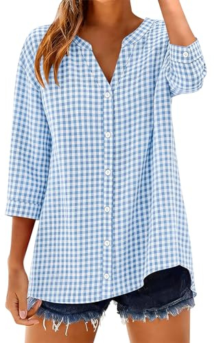 LOMON Womens Cotton 3/4 Length Sleeve Shirts Gingham Button Down Blouses
