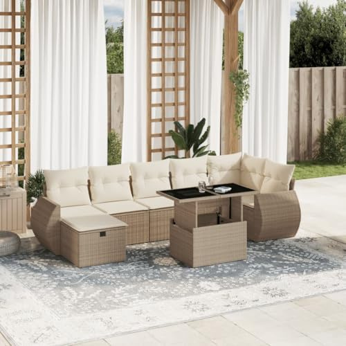 QJBSAVVA 8-TLG. Gartenmöbel-Set Poly-Rattan Lounge in Beige mit höhenverstellbarem Gartentisch 100x55 cm, platzsparend für kleine Balkone, Terrassen und Garten