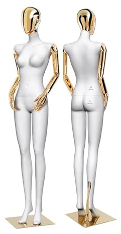 GUHPZA Weibliche Schaufensterpuppe, Ganzkörpermodell – 185 cm (72,83 Zoll), Realistische Darstellung Mit Drehbarem Kopf Und Armen, Metallsockel,Gold