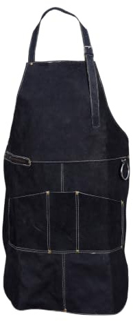 DEMHAAS Lederschürze aus Büffel-Nubukleder, Grillschürze und Kochschürze für BBQ, Grillen, Kochen und Werkstatt, Verstellbare Träger, Fronttaschen, Metallring, Handgefertigt