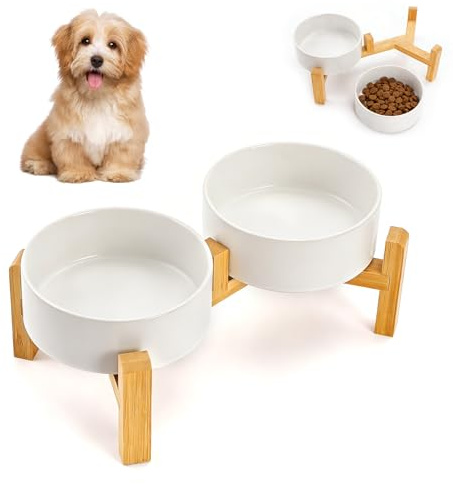 QUMENEY Juego de Dos Cuencos elevados de cerámica para Perros | Comedero para perros con soporte antideslizante de bambú para razas pequeñas y medianas.