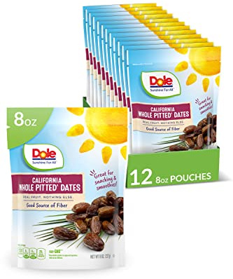 DOLE California Whole Pitted Dates, 8 Ounce Pouch - Pack of 12