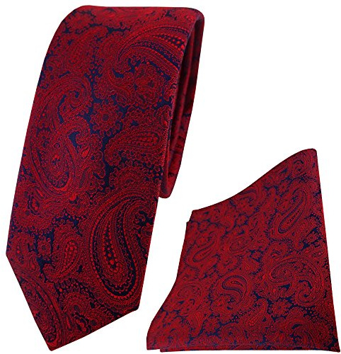 TigerTie schmale Designer Seidenkrawatte + Seideneinstecktuch in weinrot schwarzblau Paisley gemustert