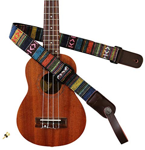 MUSIC FIRST Classic Country style Soft Yarn-dyed fabric & Genuine Leather Ukulele Strap Ukulele Shoulder Strap Version 2.0 With a MUSIC FIRST Genuine Leather Str. Locker