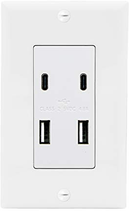 Maxxima USB Receptacle Outlet - 4.8A USB C/A High Speed 4 USB Wall Charging Ports, Vertical Multi-Plug Socket, Electrical AC Replacement, Outlet Wall Plate Included - White