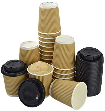 100 vasos térmicos de papel color habana de 250 ml + 100 tapas negras de plástico con boquilla, ideales para bebidas calientes como café, capuchino y chocolate.