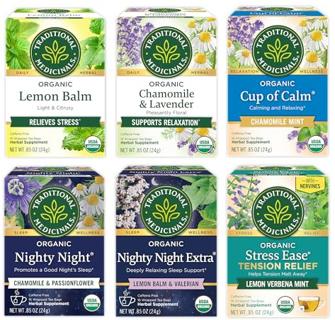 Traditional Medicinals Organic Herbal Tea Variety Pack for Stress and Sleep Support, 6 Flavors, Lavender, Chamomile, Lemon & Valerian Root, 96 Tea Bags, (6 Pack)