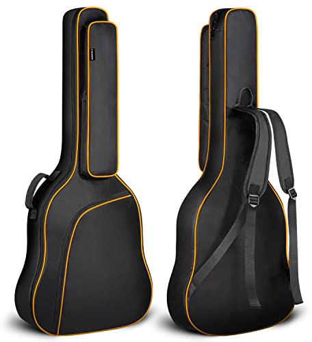 CAHAYA Large Acoustic Guitar Bag Fit 42/43/44 Inch Jumbo, Dreadnought Guitar, 12 mm Thick Padding Waterproof Dual Adjustable Shoulder Strap Guitar Case Gig Bag, Black with Orange Stripes, Model CY0285