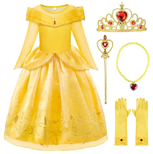 ReliBeauty Disfraz de Princesa para Niñas, Vestido de Fiesta Amarillo de Manga Larga con Accesorios