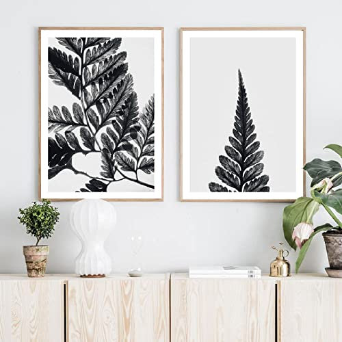OTURRI Minimalistisches botanisches Farn-Wand Bilder-Schwarz-weißes Blatt-Poster-Druck-Leinwand-Gemälde Modernes Wandbild für Schlafzimmer-Wohnkultur 40 x 60 cm x 2 ungerahmt