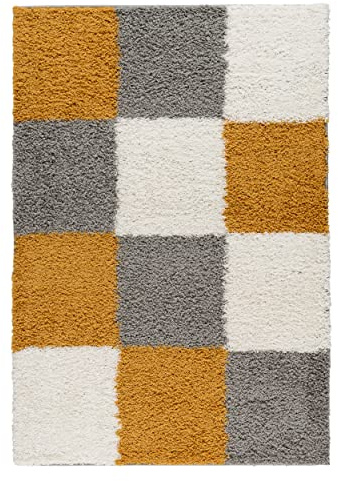 Mynes Home Hochflor Shaggy Teppich Kariert Gold 160x220 cm/pflegeleicher Langflor Wohnzimmer Teppiche