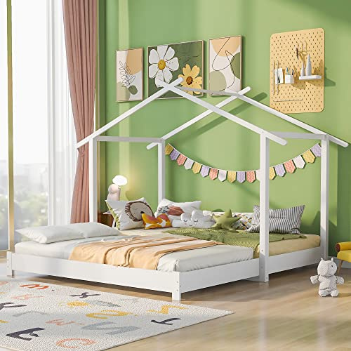 Dolamaní Cama de casa 90/180 x 190 cm con camas extensibles, cuna con protección contra caídas, cuna para niños y niñas, de madera maciza, cama convertible, cama de suelo con somier, color blanco