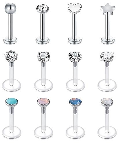 LAURITAMI 12stk Lippenpiercing Labret Stecker Bioflex 8mm 16G Medusa Monroe Flexibel Kunststoff Retainer Piercing Lippe