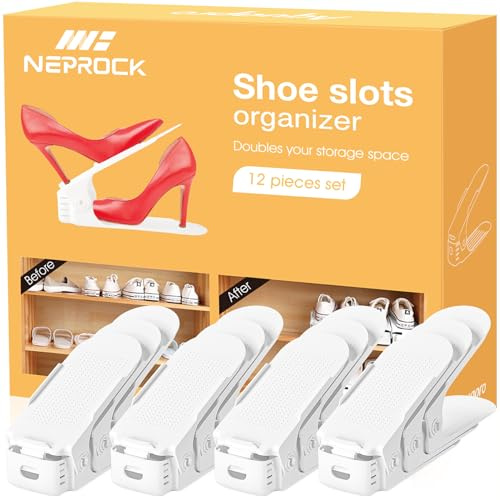 Neprock Shoe Organiser Shoe Slots Organizer for Closet, Shoe Storage Organiser Shoe Rack for Inside Wardrobe, Trainer Storage Shoe Storage Shoe Holder Space Saver for Entryway(12 Pack, White) | 50% Space Saver, 4 Adjustable Height, Double Deck, Tool-Free Assembly, Superior Load Bearing, White