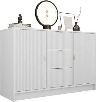 Mirjan24 Kommode Tireno 2D3SZ mit 3 Schubladen und 2 Türen (Weiß) | Sideboard mit geriffelten Fronten, goldfarbenen Griffen und Stauraum für Kleidung und Accessoires, B/H/T: 118/75/40 cm