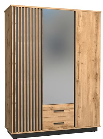 MINIO go for it - Kleiderschrank Lamia, Garderobenschrank mit Spiegel | 145.5 cm Breit, Schlafzimmerschrank mit 3 Türen und 2 Schubladen, mit MDF-Lamellen, Farbe: Wotan Eiche / Schwarz Matt
