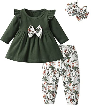 Joureker Baby Mädchen Kleidung Langarm Ruffle Tops und Floral gedruckt Hosen Kleinkind Baby Mädchen Outfits Sets, Grün, 12-18 Monate