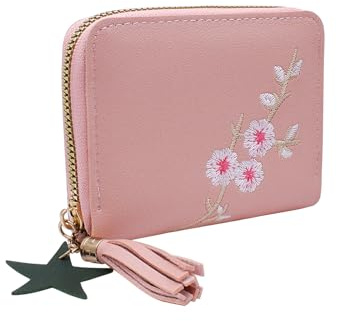 WisePoint Geldbörse Damen Leder, Kleiner Geldbeutel Damen Portemonnaie Damen mit Blumen Stickerei, Exquisite Kreditkartenhalter für Frauen und Mädchen (pink)