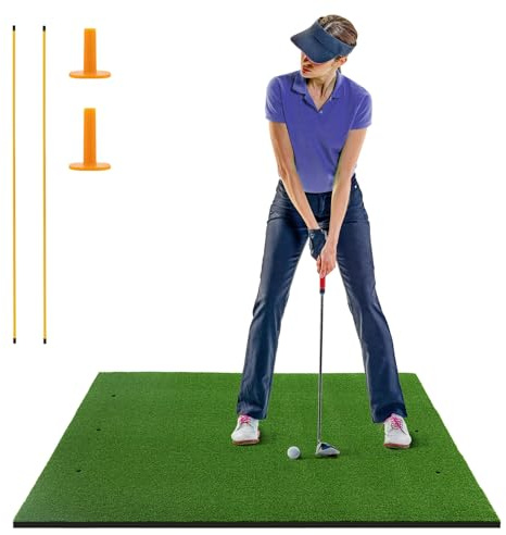 COSTWAY Golf Hitting Mat, 5 x 3 FT/5 x 4 FT Artificial Turf Mat with 2 Rubber Tees and 2 Alignment Sticks, Golf Training Mat for Home Backyard Garage (152 x 117 cm, 22mm thick)