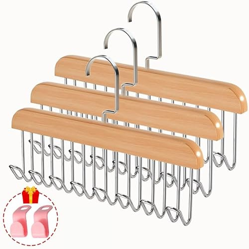 Bra Hangers 3 Pack - with 16 Non-Slip 360Rotating Metal Hooks for Tie, Hat, Bra, Wooden Multi Hook Hanger - Saves Space