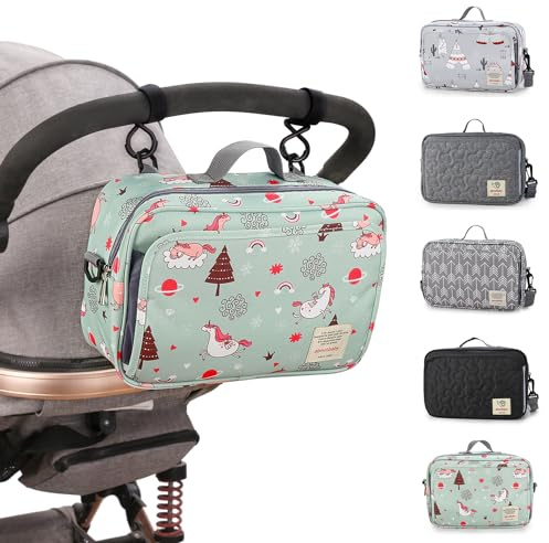 Hooolee Kinderwagen Organizer, Universal Kinderwagentasche Kinderwagen Zubehör mit Schultergurt Tragbar Buggy Tasche Große Kapazität für Windeln, Spielzeug, Handys und Andere Babysachen, Einhorn