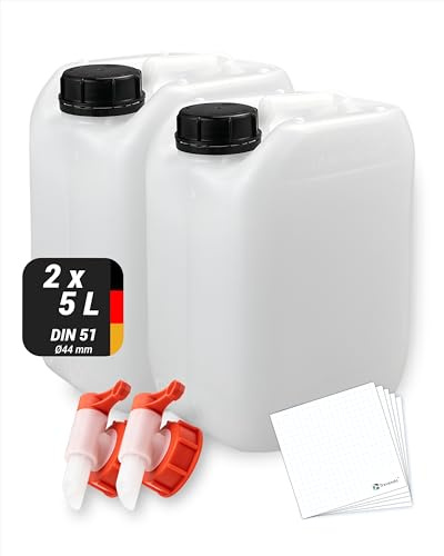 Trevendo 2er-Set Wasserkanister 5 Liter - lebensmittelecht & BPA-frei - ideal für die Wasserversorgung beim Camping - inkl. Auslaufhahn & Schraubverschluss