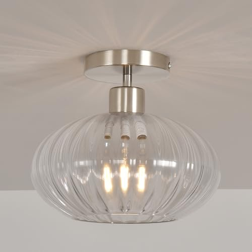 Pageone Flur Deckenleuchte Glas Ø25cm Badezimmer Deckenlampe mit Klar Glas Schirme, E27 Sand-Nickel Flur Lampe 1-Flammig, für Bad Küchen Korridor Foyer (Sand-Nickel)