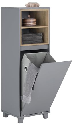 SoBuy Badezimmerschrank mit Wäschekorb für Badezimmer, 35x105x30 cm | Wäscheschrank, schmal Badezimmerschrank mit 2 Fächern, Wäschetruhe & Badmöbel für Waschküche, Dunkelgrau, BZR146-DG
