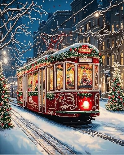 ANSIWEIGO Weihnachtsmalen nach Zahlen Set,Weihnachtstram in der Stadt,Ölgemälde-Set auf Leinwand für Kinder und Erwachsene,Kunsthandwerk-Geschenke für Weihnachten(40x50cm,Ohne Rahmen)