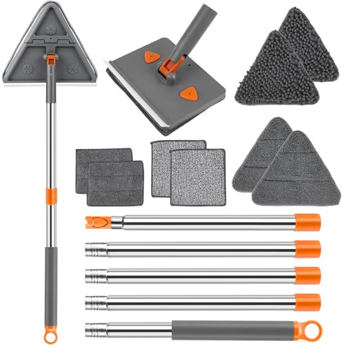 CALBEAU Baseboard Cleaner Tool with Handle, Folding Wall Mop with 86 Extension Pole, Swivel Wall Cleaner Mop with Squeegee, 8 Reusable Pads for Baseboard, Wall, Ceiling, Window, Floor, Dark Gray