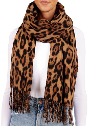 BRUBAKER Cashmirillo Bufanda de Mujer con Estampado de Leopardo - 70 x 200 cm - Cálida, Acogedora y Oversize - Bufanda de Lana Leo para Otoño e Invierno con un Suave Tacto de Cachemira - Marrón Negro