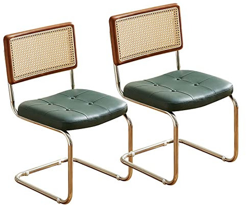 Mid Century Moderne Rattan-Esszimmerstühle Set mit 2 grünen Lederpolstern, Schreibtischstuhl mit Rückenlehne, bequemer Küchen- und Esszimmerstuhl, Metallbeine, 60 cm T x 41 cm B x 87 cm H