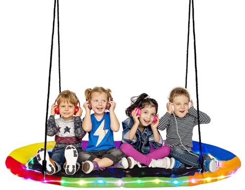 COSTWAY Balançoire Soucoupe Ovale Ø 150 cm avec Lumières LED, Balançoire Nid d'Oiseau en Tissu Oxford avec Cordes Réglables (100-180cm), Intérieur Extérieur, Charge 150kg pour Enfants et Adultes