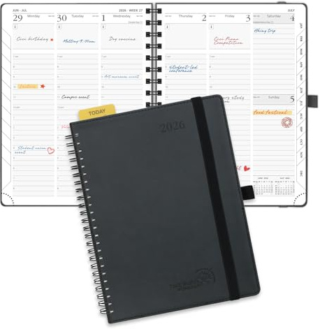 POPRUN TJ-26-WELO7-BK Planer 2026 (Medium – 16,5 x 21,6 cm) mit Stundenplan und vertikalem Layout – Wochenkalender 2026 (Januar 2026–Dez.2026) für Zeitmanagement, Schwarz