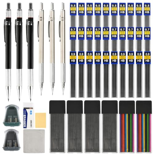 YOPEUC 47 Piezas Juego de Lápices Mecánicos, Portaminas Mecánicos 0.5, 0.7, 0.9 mm con Minas, Borrador, Sacapuntas, Portaminas Artísticas para Dibujar y Dibujar