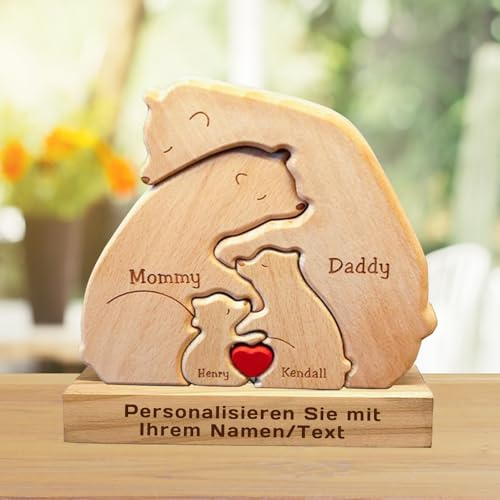 Personalisiertes Holzkunstpuzzle der Bärenfamilie mit 2-7 Namen Graviert, Skulpturen Desktop Ornament Home Tischdekoration,Geschenk für Familie,Weihnachten Geschenk für Mama,Papa (B-1)