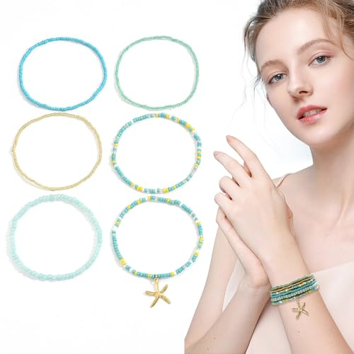 EUYKQNOI 6 Pcs Bracelet Bresilien pour Femme et Fille - Bracelet de Plage Surfeur, Amitié, bracelet ete, bracelet perles femme,Perles Boho - Bracelets de Cheville