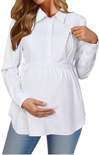 OUGES Women's Maternity Nursing Shirts Long Sleeve Belted Collared Hidden Zippers Breastfeeding Blouse Button Down Work Office Business Casual Pregnancy Must Haves Tops Clothes(White,XL)