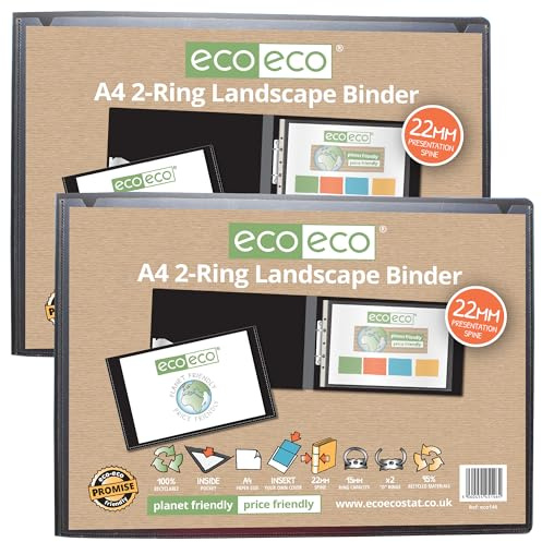 eco-eco A4 95% Recycled Presentation 22mm Spine 2 Ring Landscape Binder Black, Pack of 2, ec0146x2