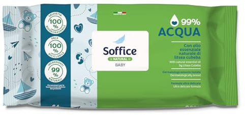 Soffice Natural-Baby-Reinigungstücher, 99% Wasser, sehr sanfte Formel für die tägliche Hygiene von Kindern, Neugeborenen – 12 Packungen à 64 Stück