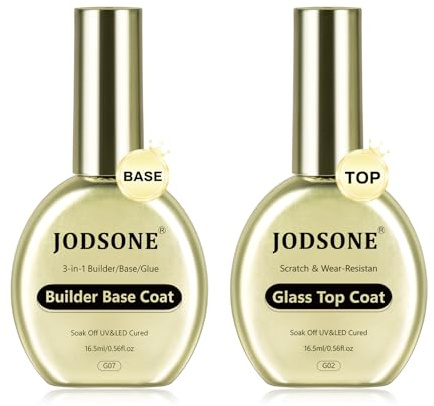 JODSONE Gel Top and Base Coat Set – 2 pezzi 16,5 ml Upgrade No Wipe Soak Off Gel Set di smalti 3 in 1 Builder Base Coat & Glass Top Coat per unghie di lunga durata, indurimento U V/LED