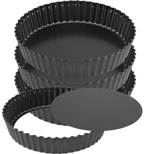 HAKZEON 4 PCS 22cm/8.7 Inch Quiche Pan with Removable Bottom, Non-Stick Carbon Steel Fluted Tart Tin for Baking Pies Pizza Cheese Cakes