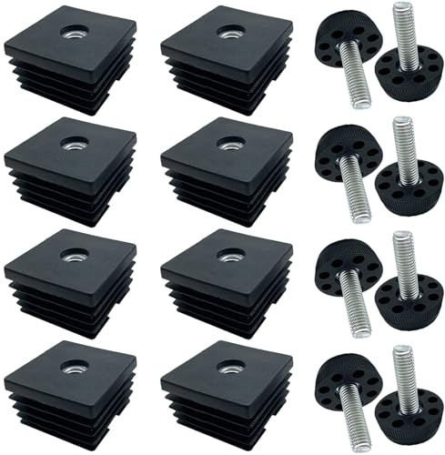 ZenyTra 8 Stück Rohrstopfen M8 40x40 mm, Kunststoff Vierkant Lamellenstopfen, Vierkant Rohrstopfen Mit Möbelfüße - Einstellbare Schraubfüße für Quadratrohr, Stellfuß mit Endkappen