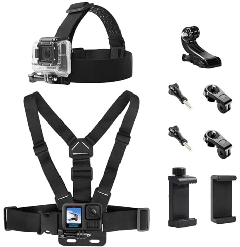 Gykutix Juego de 9 Soporte Movil Pecho Camara Arnes Pecho Correa de Cámara de Acción Arnés Soporte de Pecho Arnés de Cabeza 9 en 1 Accesorios Camara Deportiva para GoPro Hero dji Osmo y Smartphone
