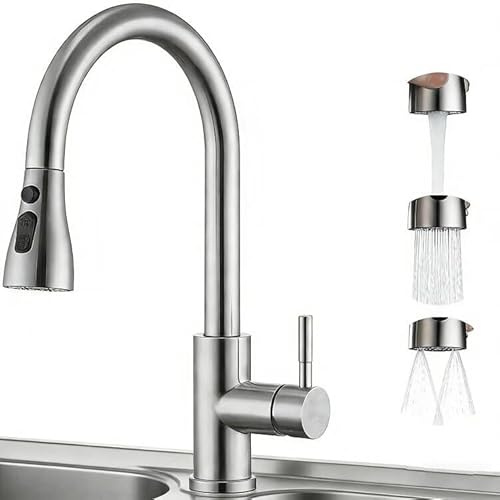 Rubinetto Lavello Cucina, Miscelatore Cucina con Doccetta Estraibile in Acciaio Inox, Girevole a 360°, 3 Modalità Dell'acqua, Freddo e Caldo Disponibile