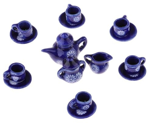 YIXANNX Service à café/thé Miniature Exquis pour Maison de poupée, 15 pièces, en Porcelaine Bleu foncé, Comprenant théière, Assiette, Soucoupe et Tasse. Service à café Miniature l'échelle 1/12.