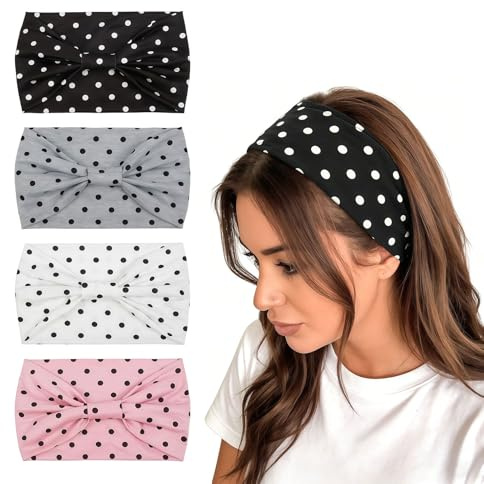 LuminaVerde Haarband Damen, 4er Set Stirnband Damen Polka Dot Breites Knoten Sport Headband Joggen Yoga Workout Haarbänder Frauen