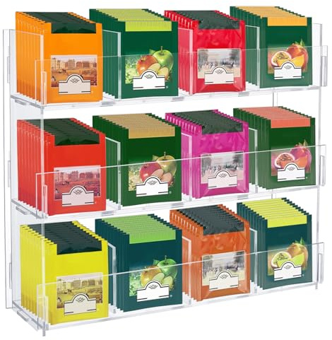 twinklemon Acrylic Tea Bag Organizer, 3 Tier Clear Tea Bag Holder & Storage Rack, Display Stand Rack for Counter Cabinet Countertop Kitchen Office Holds 200+ Tea Packets