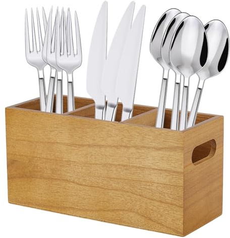 CREATCABIN Silverware Holder for Kitchen Wooden Utensil Caddy Cutlery Holder Wooden Storage Organizer Box Silverware Caddy with 3 Compartments for Countertop Fork Spoon Spatula 9x3.5x4.5Inch